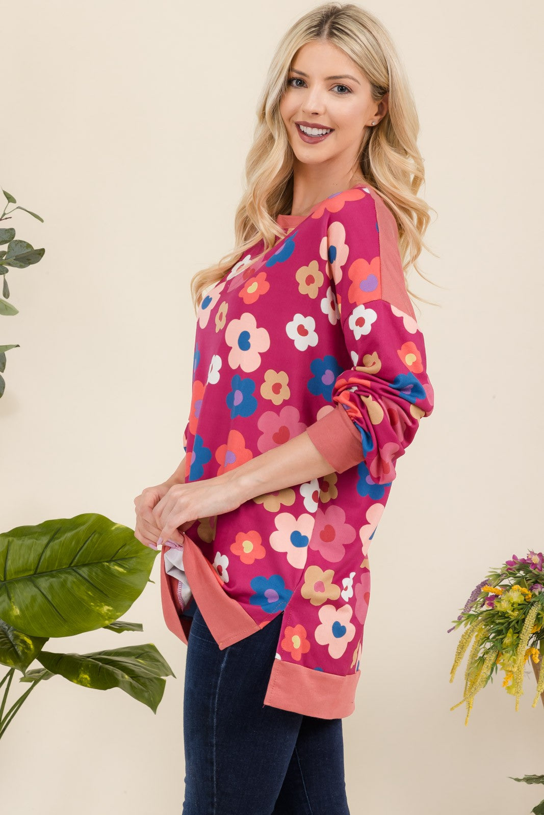 Celeste Full Size Side Slit Flower Print Long Sleeve Top - Smart Shopper