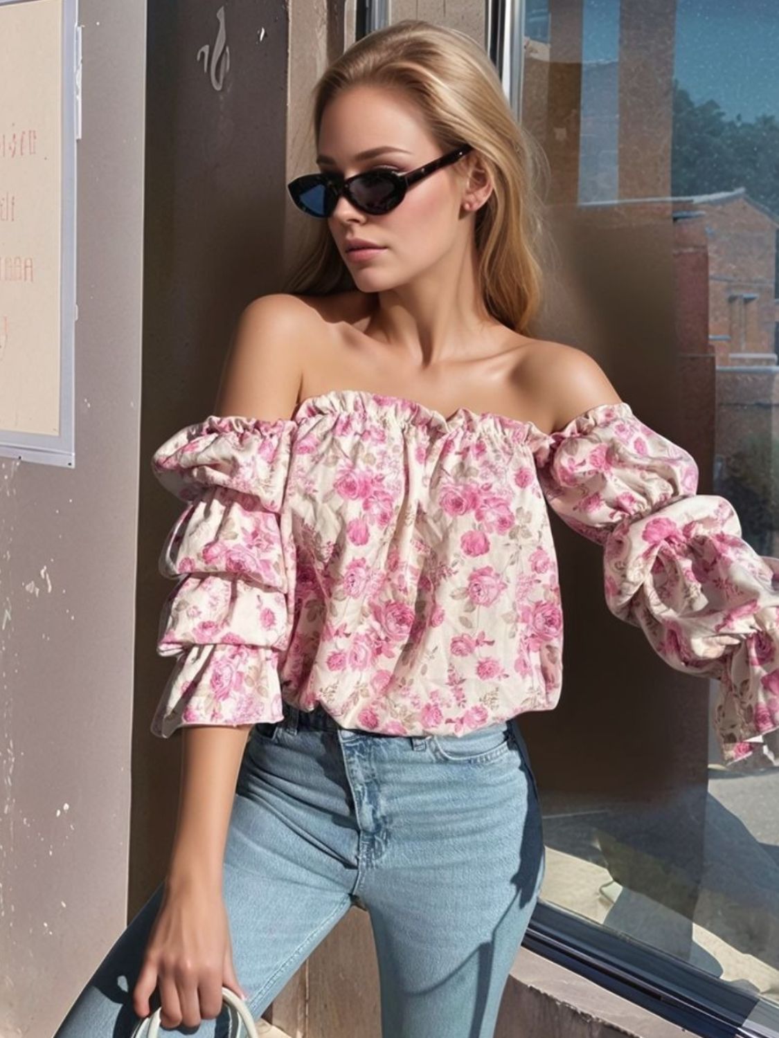 Printed Off-Shoulder Flounce Sleeve Blouse - Smart Shopper