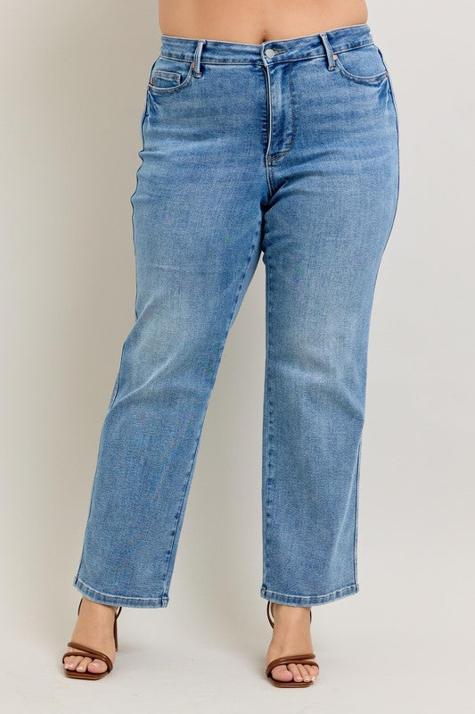 Judy Blue Full Size Tummy Control Vintage Wash Straight Jeans Plus Size - Smart Shopper