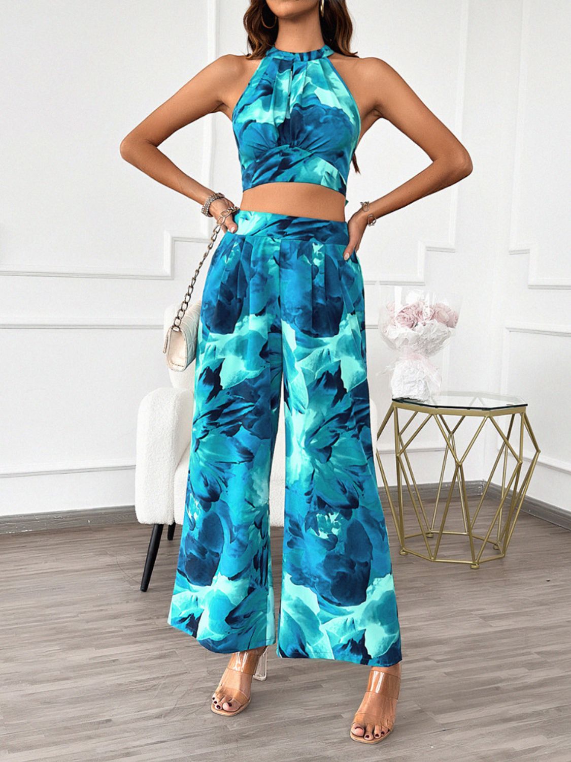 Devine Printed Halter Neck Top and Pants Set - Smart Shopper