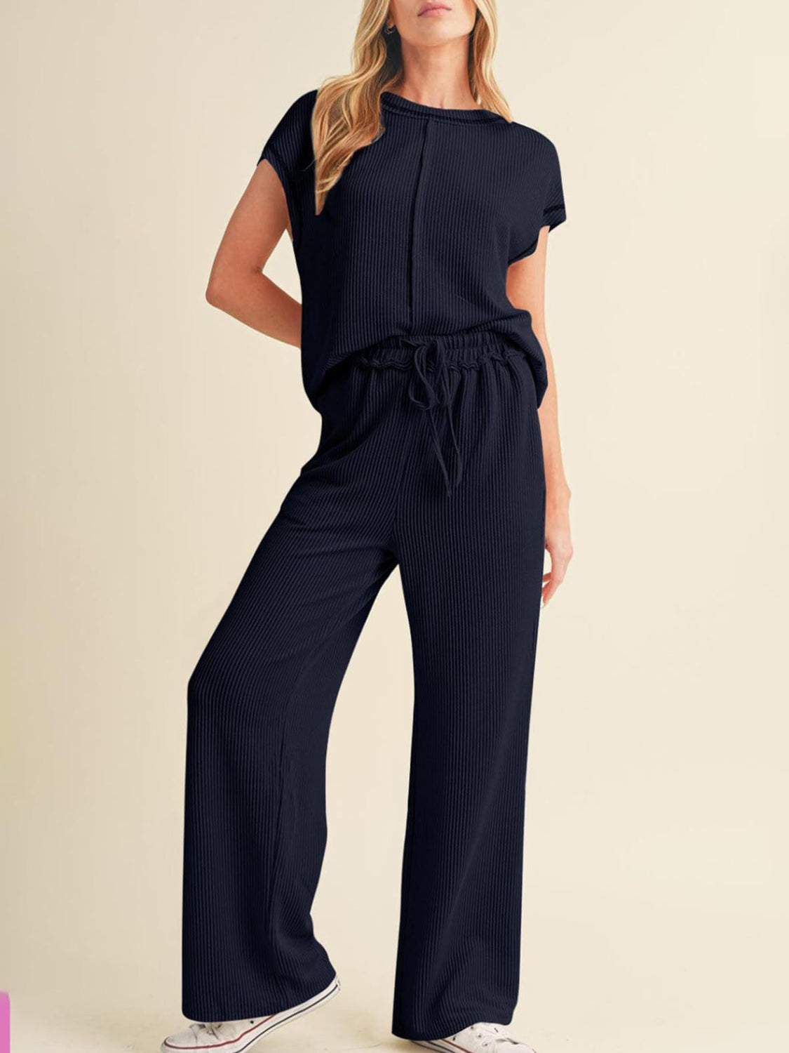 Ribbed Exposed Seam Top and Pants Set - Smart Shopper