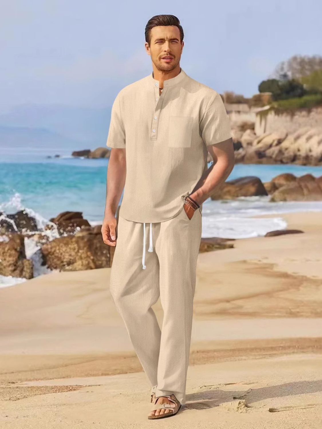 Men's Full Size Half Button Top and Drawstring Pants Set Plus Size - Smart Shopper