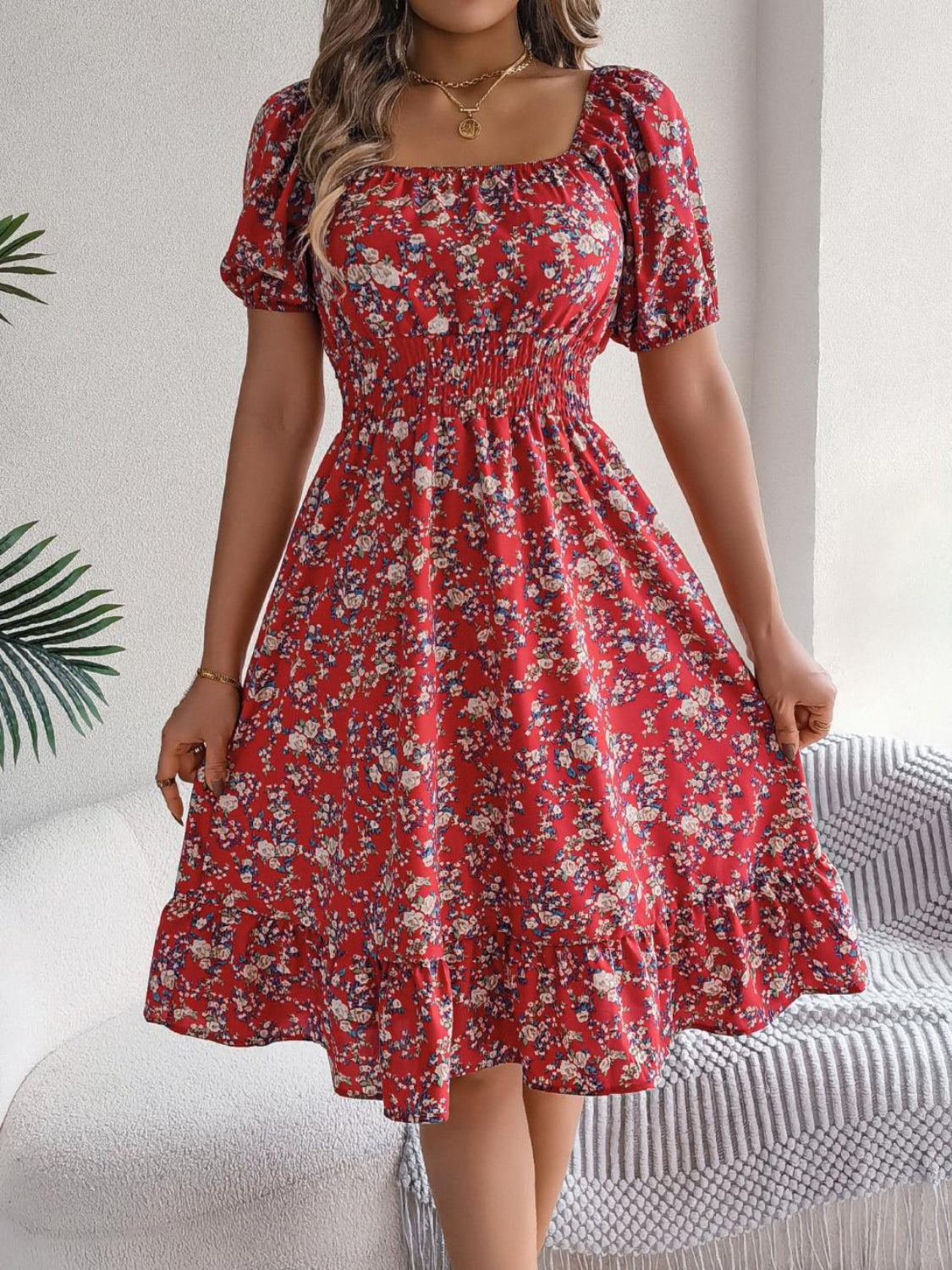 Ruffled Hem Smocked Printed Puff Sleeve Dress - Smart Shopper