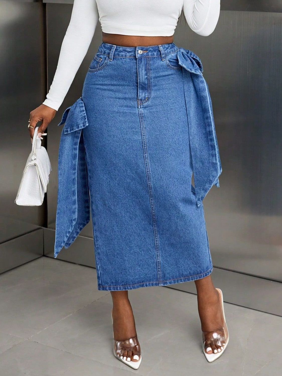 Bow Slit Back Denim Skirt - Smart Shopper