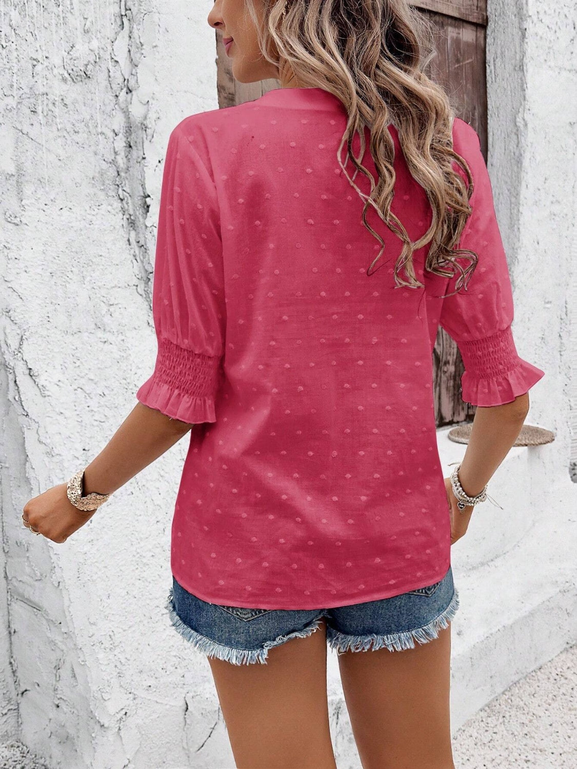 Eyelet Notched Flounce Sleeve Blouse - Smart Shopper