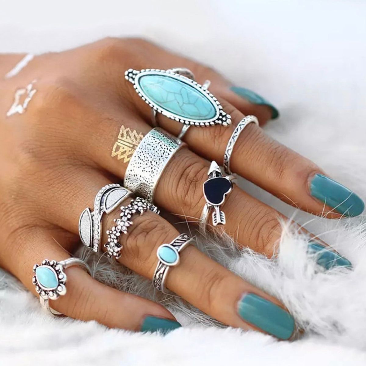 Turquoise Alloy 8-Piece Ring Set - Smart Shopper