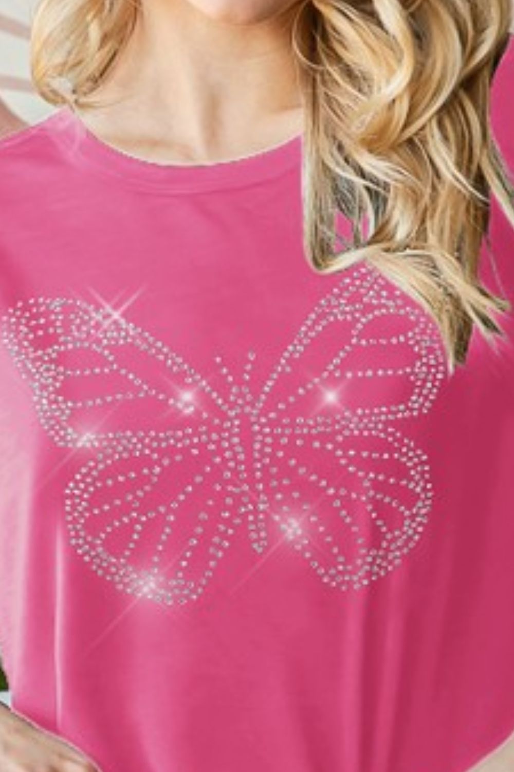 Heimish Full Size Rhinestone Butterfly Round Neck Short Sleeve T-Shirt Plus Size - Smart Shopper