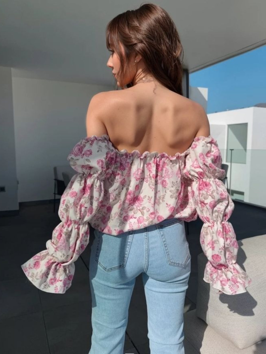 Printed Off-Shoulder Flounce Sleeve Blouse - Smart Shopper