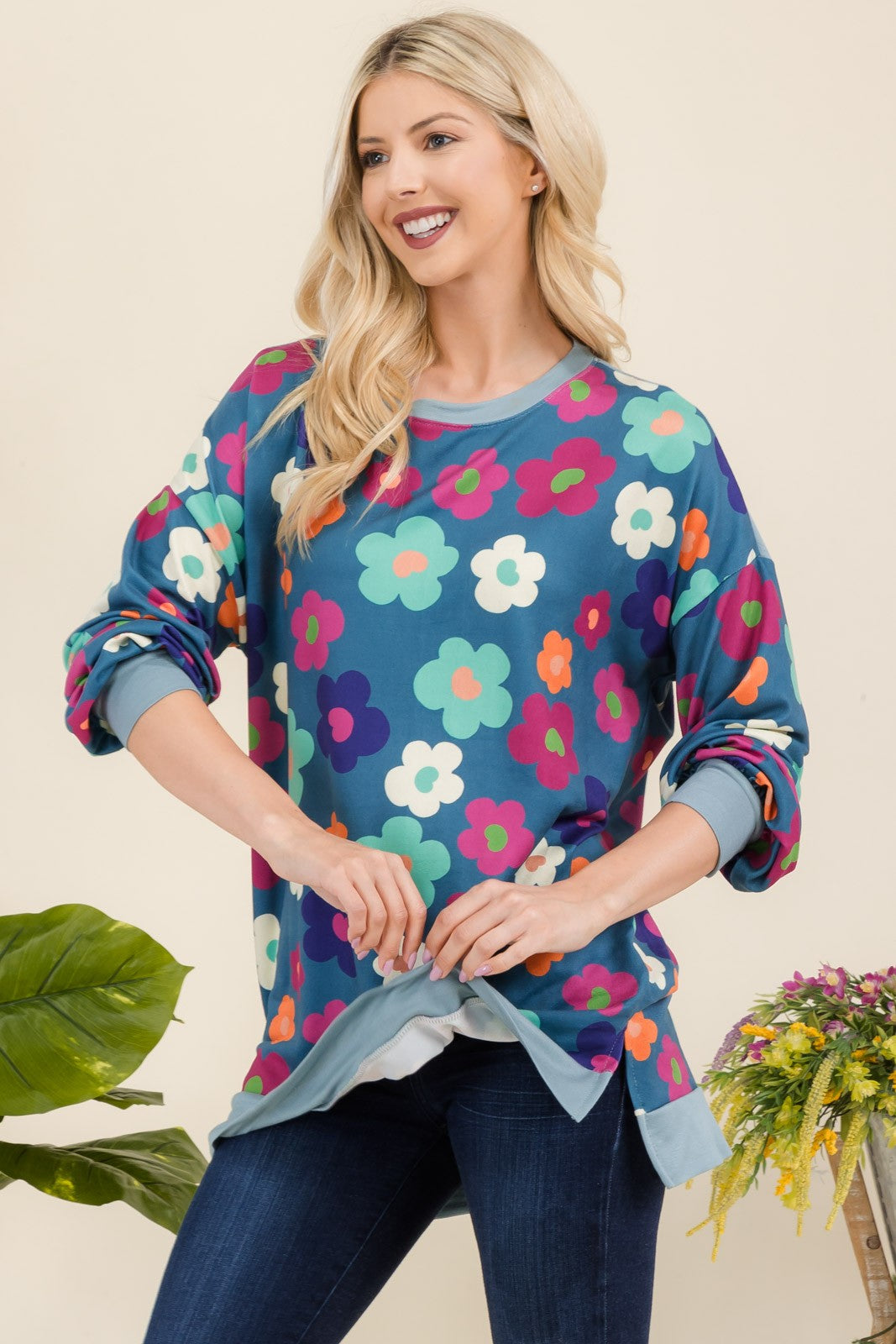 Celeste Full Size Side Slit Flower Print Long Sleeve Top - Smart Shopper