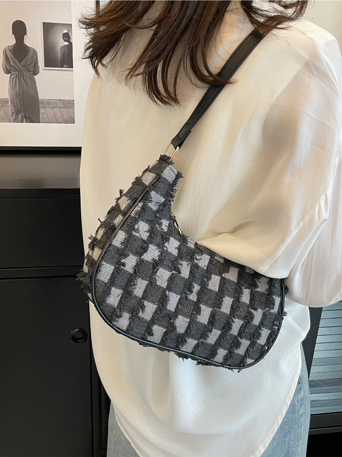 Checkered Raw Hem Shoulder Bag - Smart Shopper