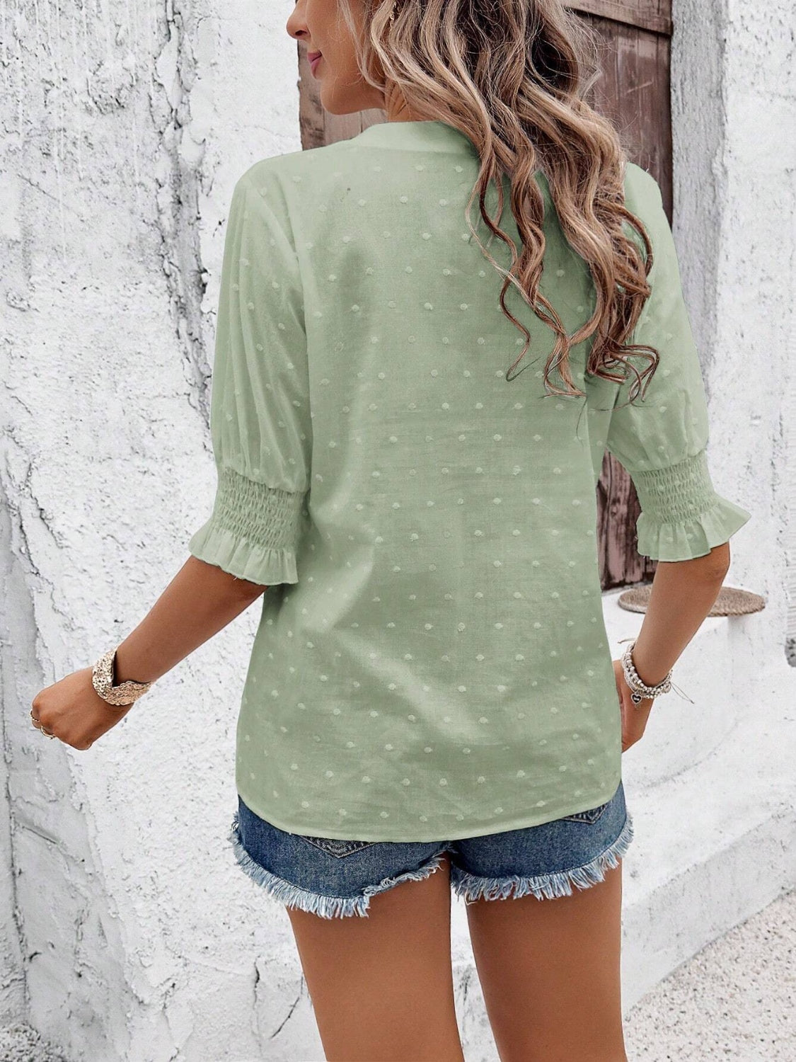 Eyelet Notched Flounce Sleeve Blouse - Smart Shopper