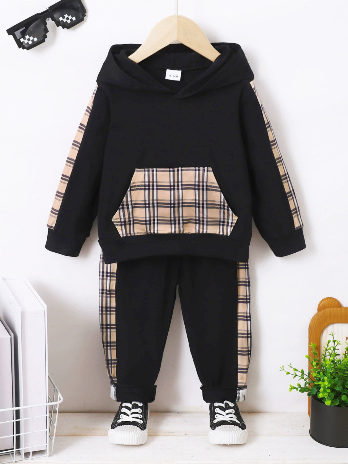 Plaid Long Sleeve Hoodie and Pants Set - Smart Shopper