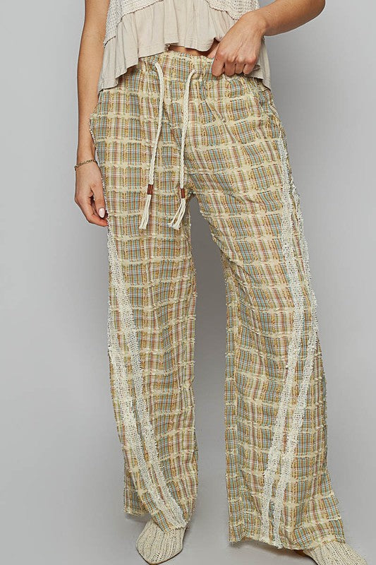 POL Lace Trim Drawstring Checkered Wide Leg Pants - Smart Shopper