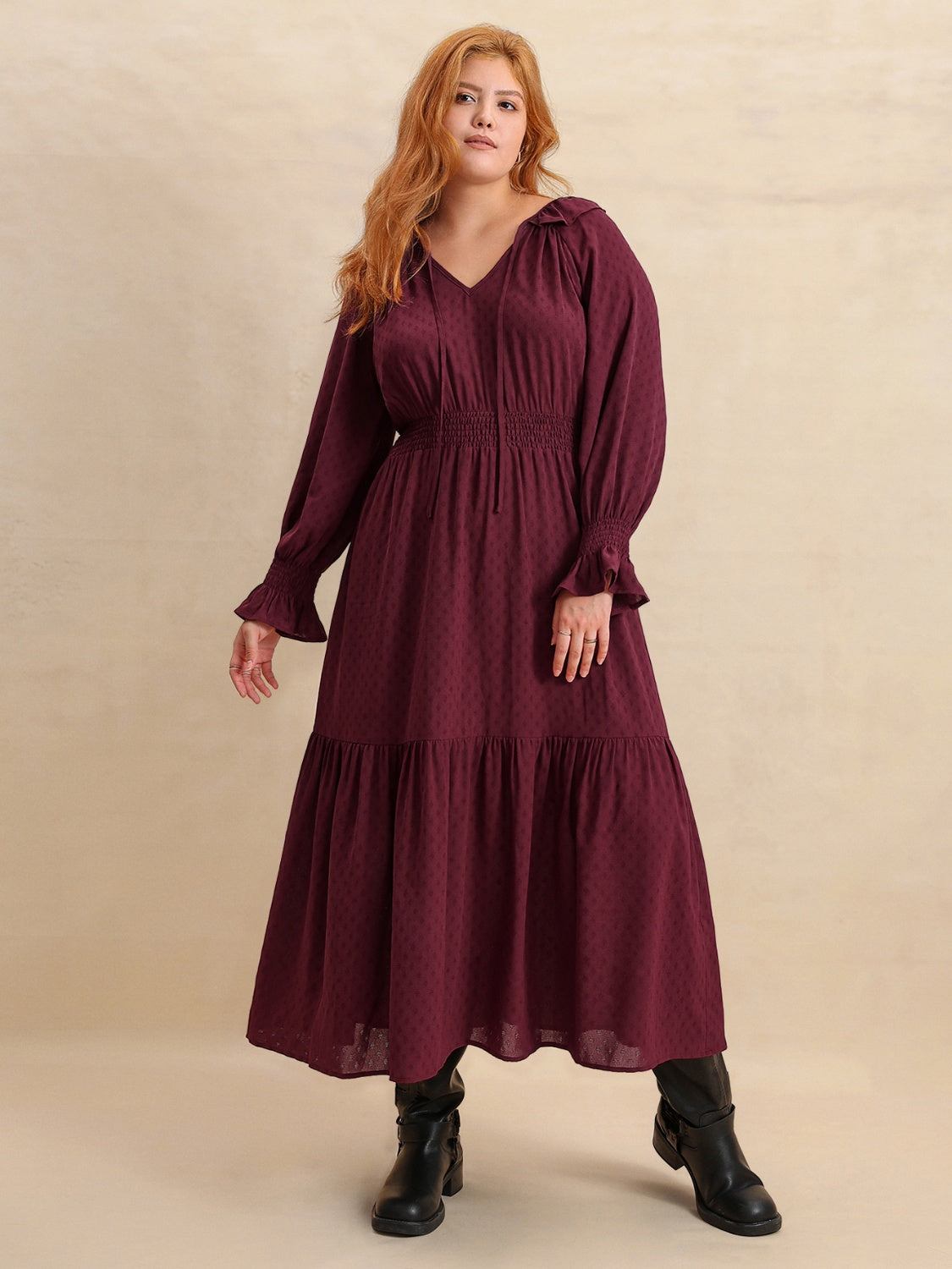 Plus Size Swiss Dot Tie Neck Flounce Sleeve Maxi Dress - Smart Shopper