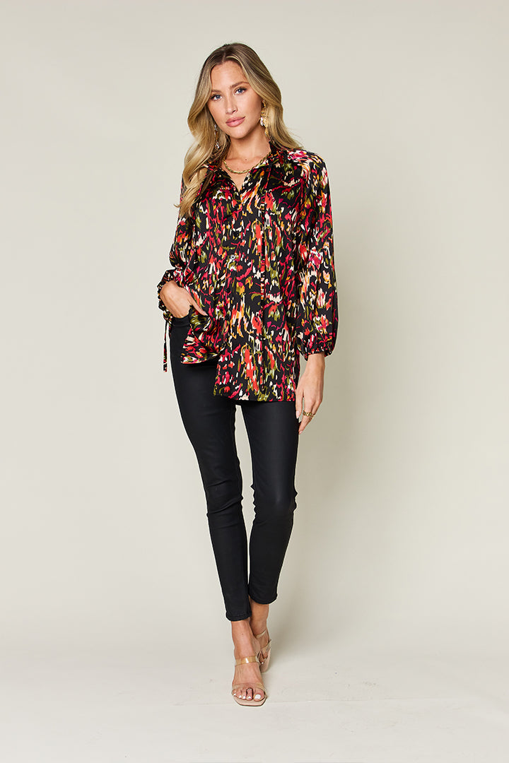 Double Take Full Size Printed Button Up Long Sleeve Shirt - Smart Shopper