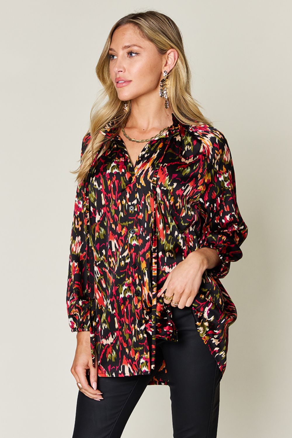 Double Take Full Size Printed Button Up Long Sleeve Shirt - Smart Shopper