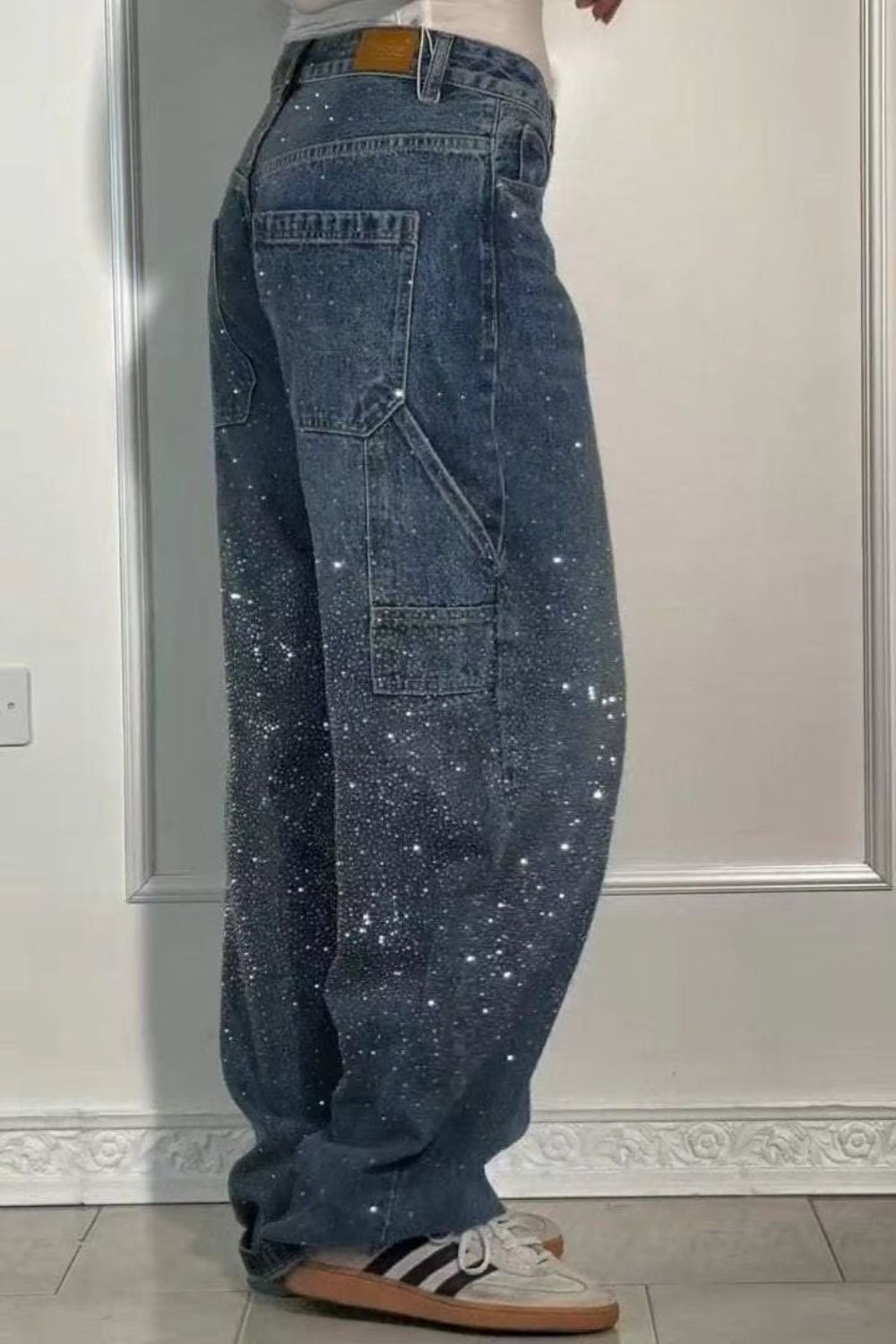 Full Size Washed Rhinestone Detail Wide leg Jeans Plus Size - Smart Shopper