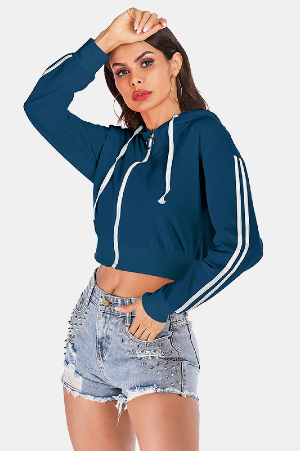 Perfee Side Stripe Drawstring Cropped Hooded Jacket - Smart Shopper