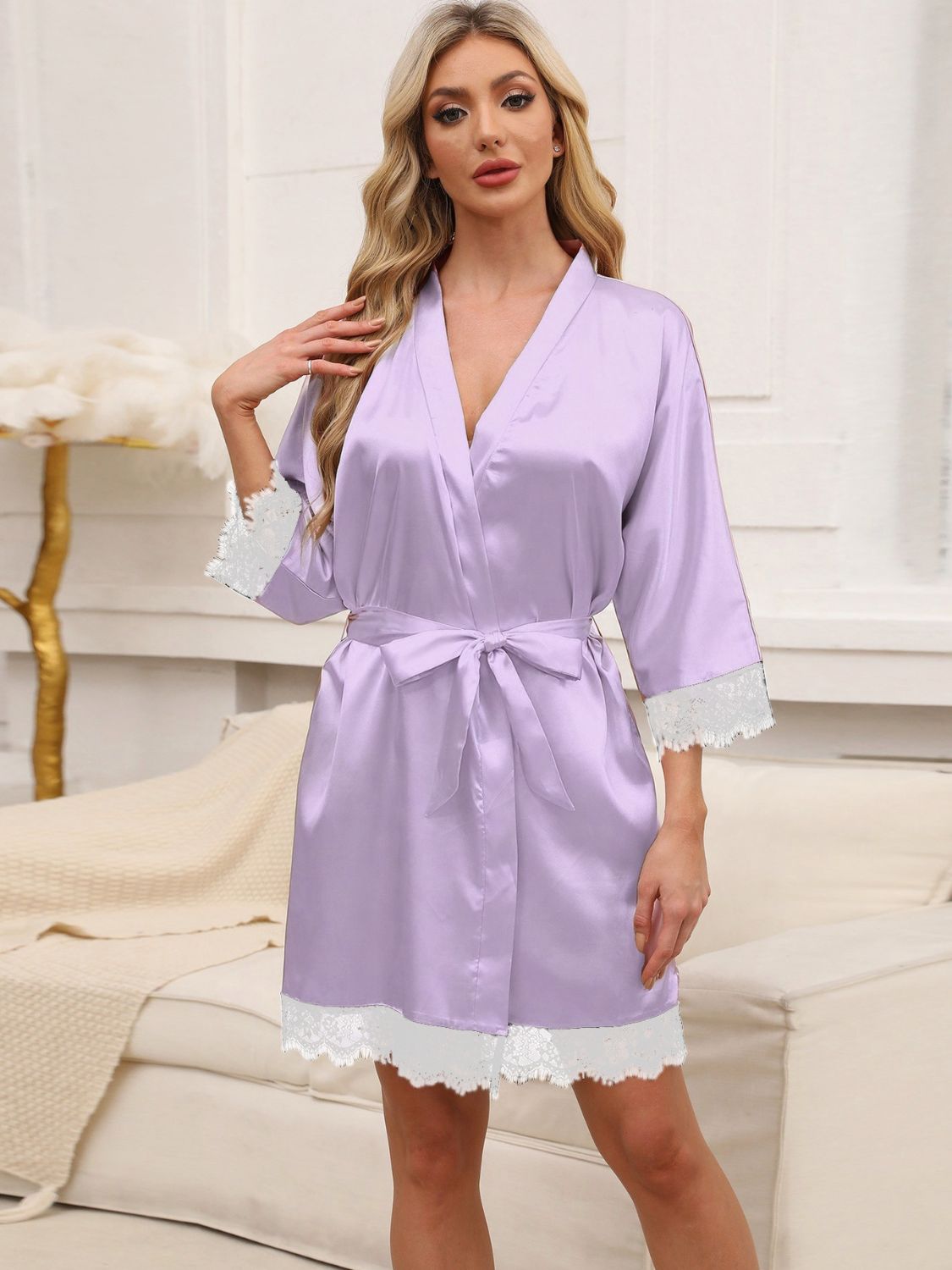 Tied Lace Detail Three-Quarter Sleeve Lounge Nightgown - Smart Shopper