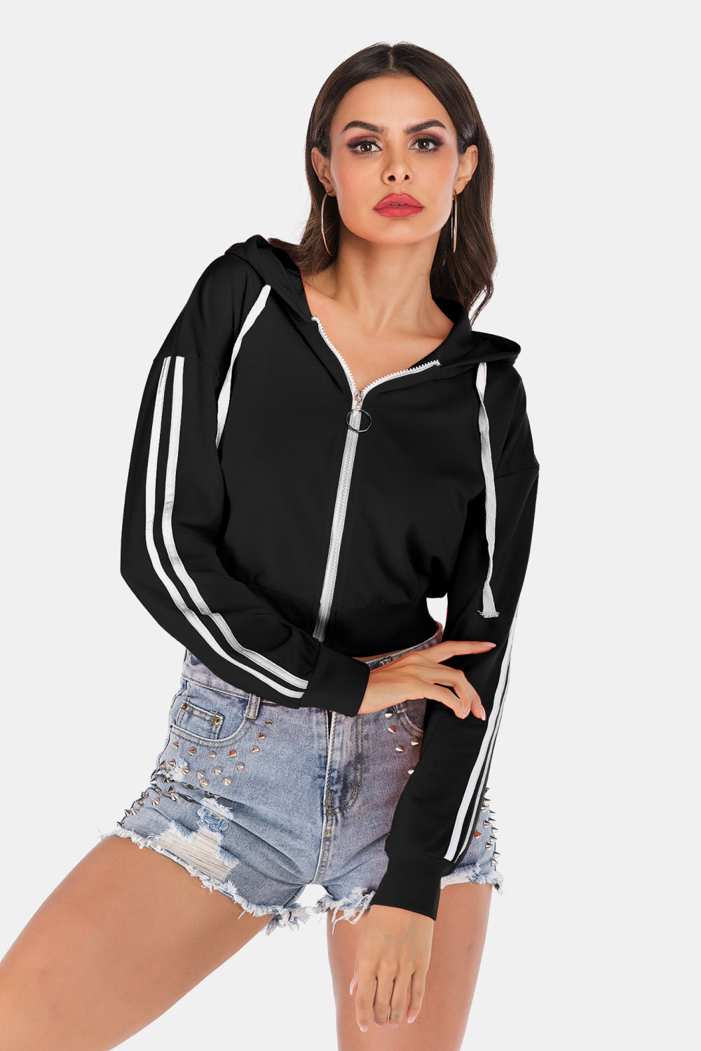 Perfee Side Stripe Drawstring Cropped Hooded Jacket - Smart Shopper