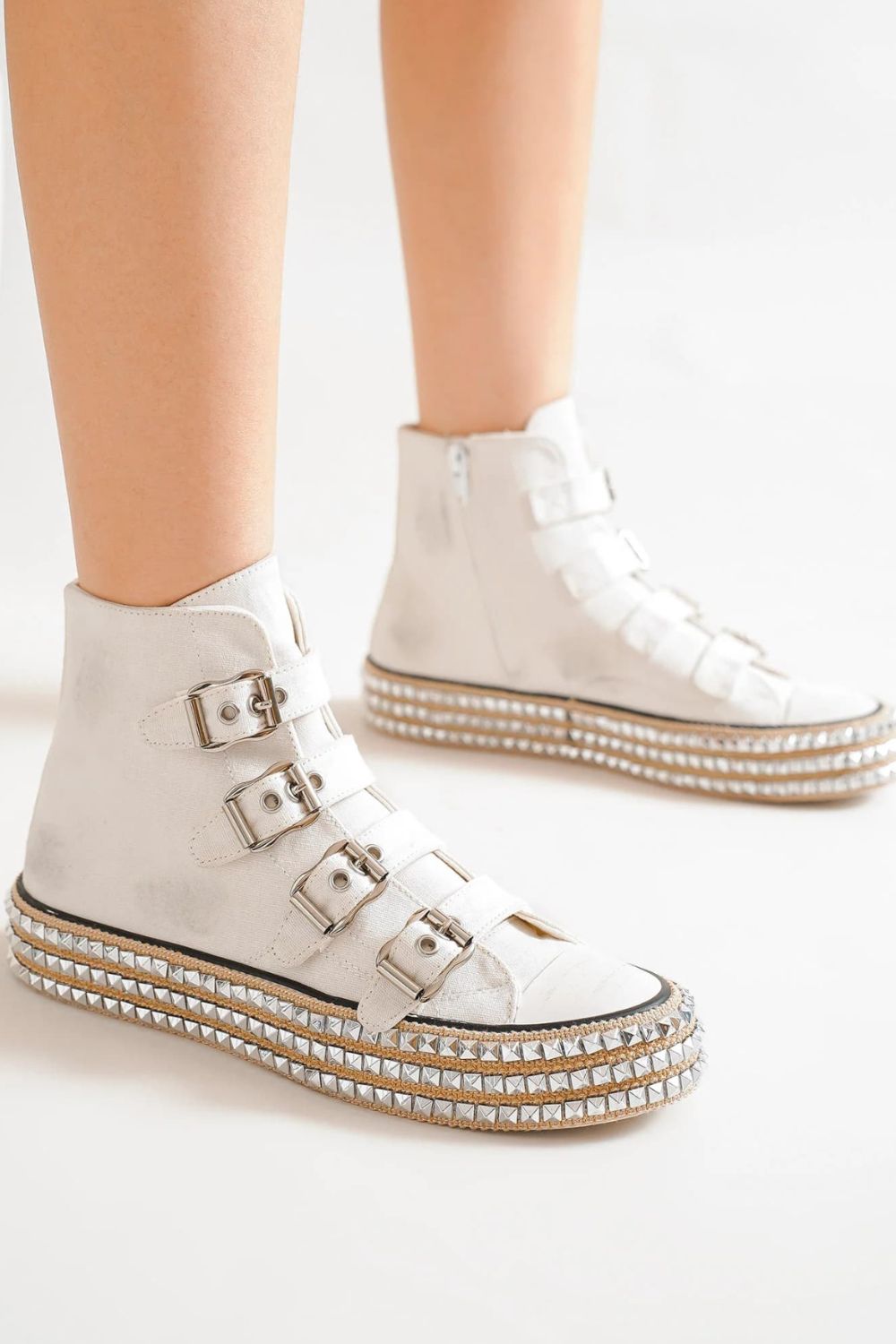 Beast Fashion Multi-Buckle Straps Studded Platform Sneakers - Smart Shopper