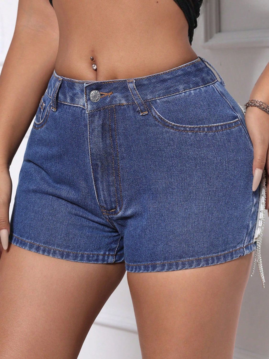 Fringe Back Denim Shorts with Pockets - Smart Shopper