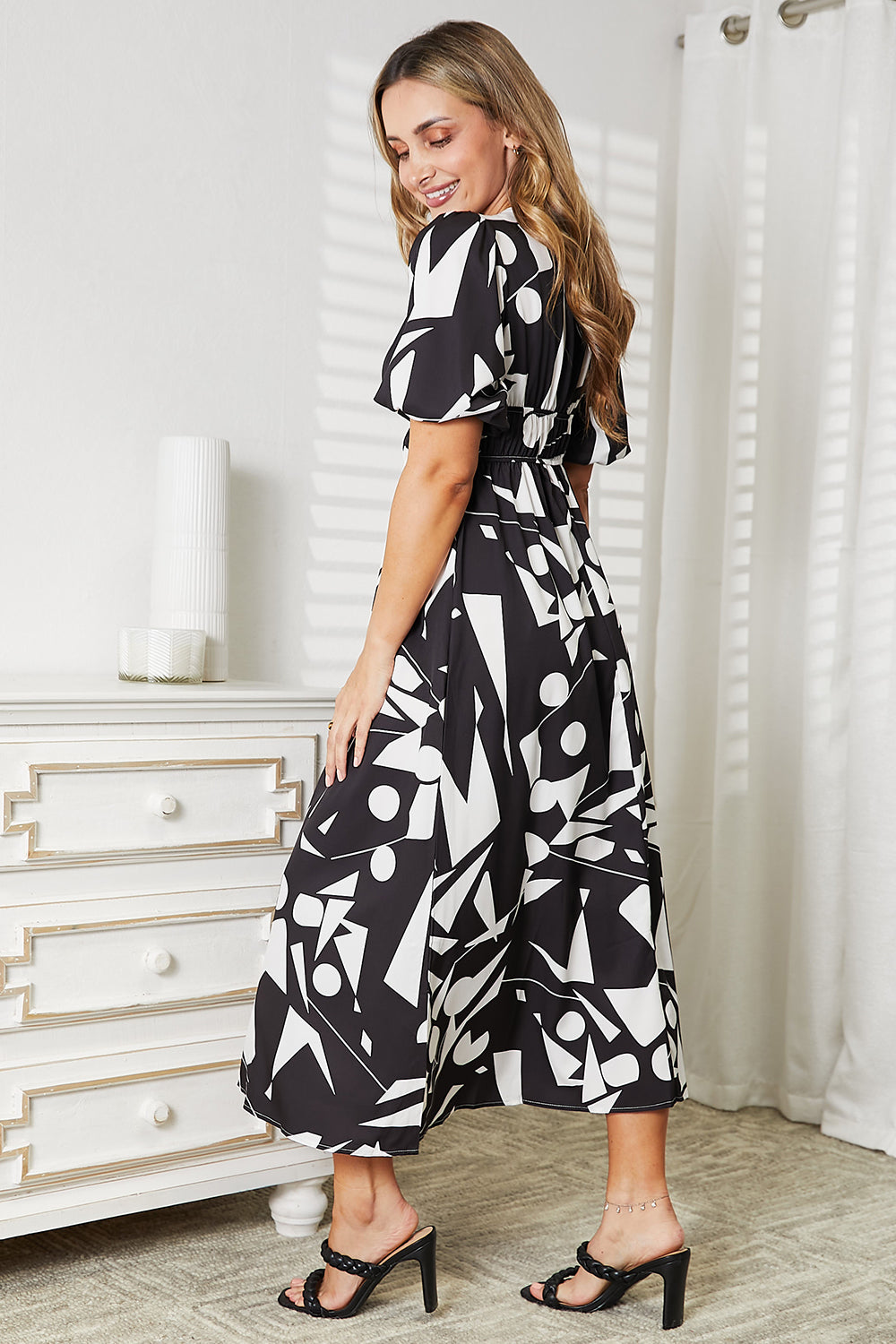 Printed Surplice Balloon Sleeve Dress - Smart Shopper