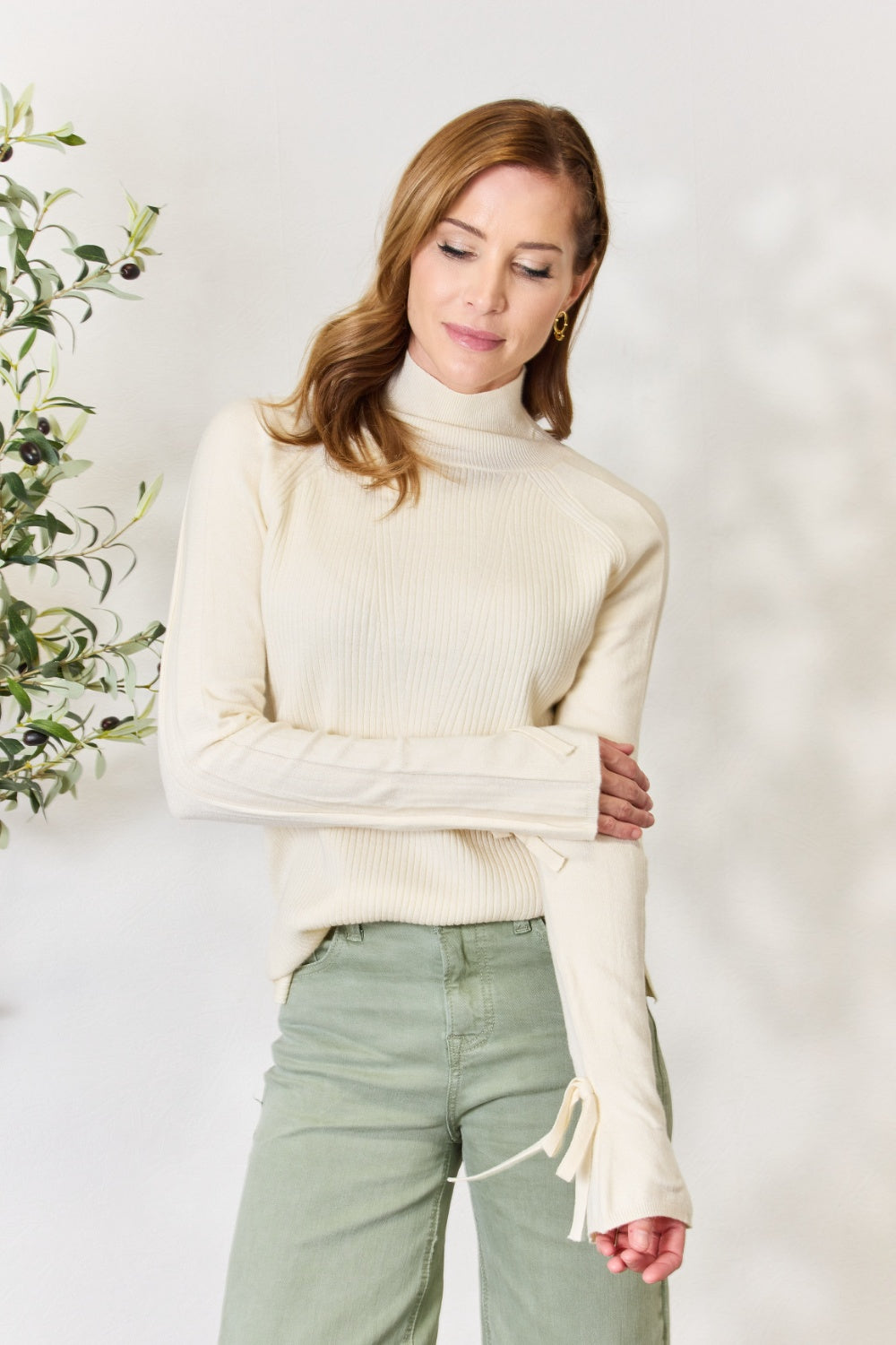 Heimish Full Size Ribbed Bow Detail Long Sleeve Turtleneck Knit Top - Smart Shopper