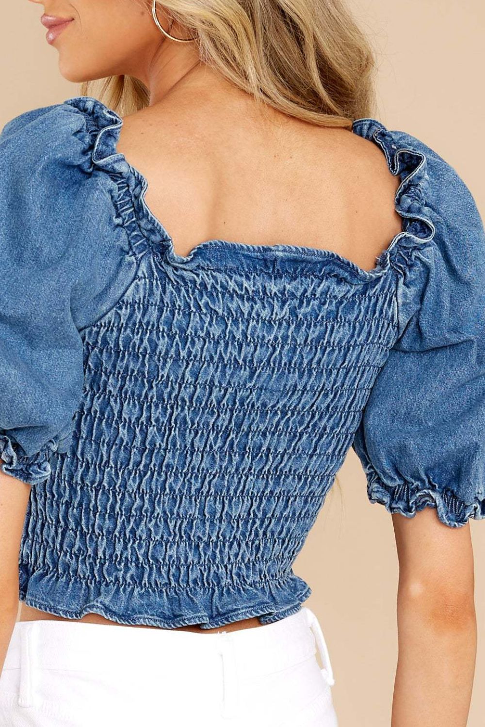 Puff Sleeve Smocked Cropped Denim Top - Smart Shopper