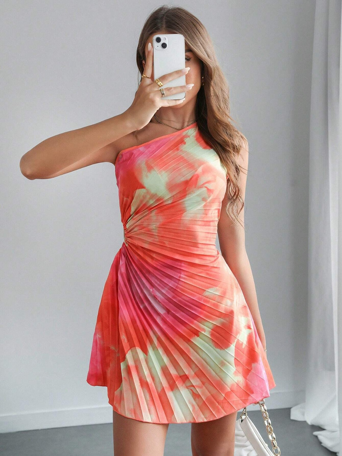 Cutout Drawstring Pleated Tie-Dye Sleeveless Mini Dress - Smart Shopper