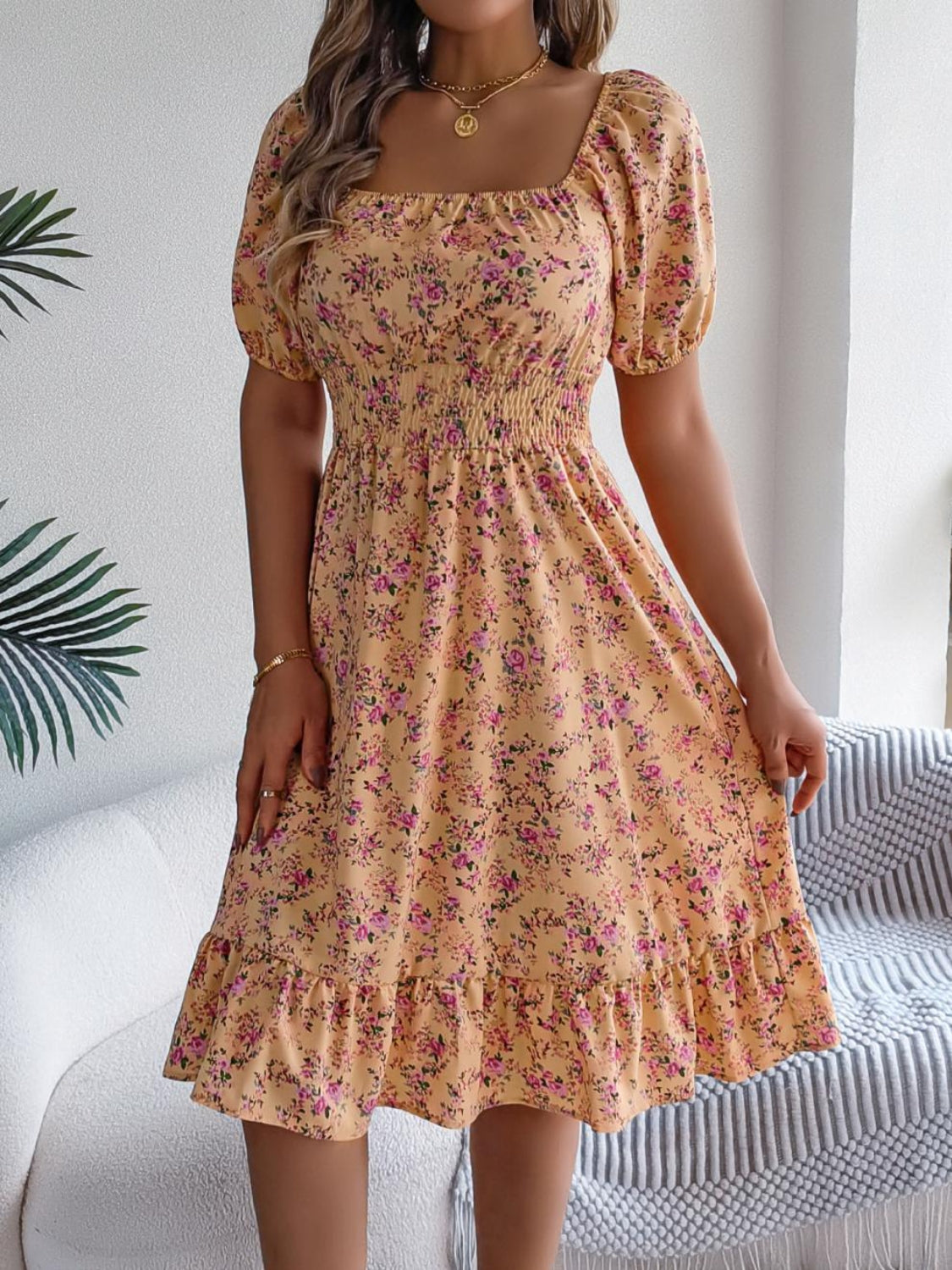 Ruffled Hem Smocked Printed Puff Sleeve Dress - Smart Shopper