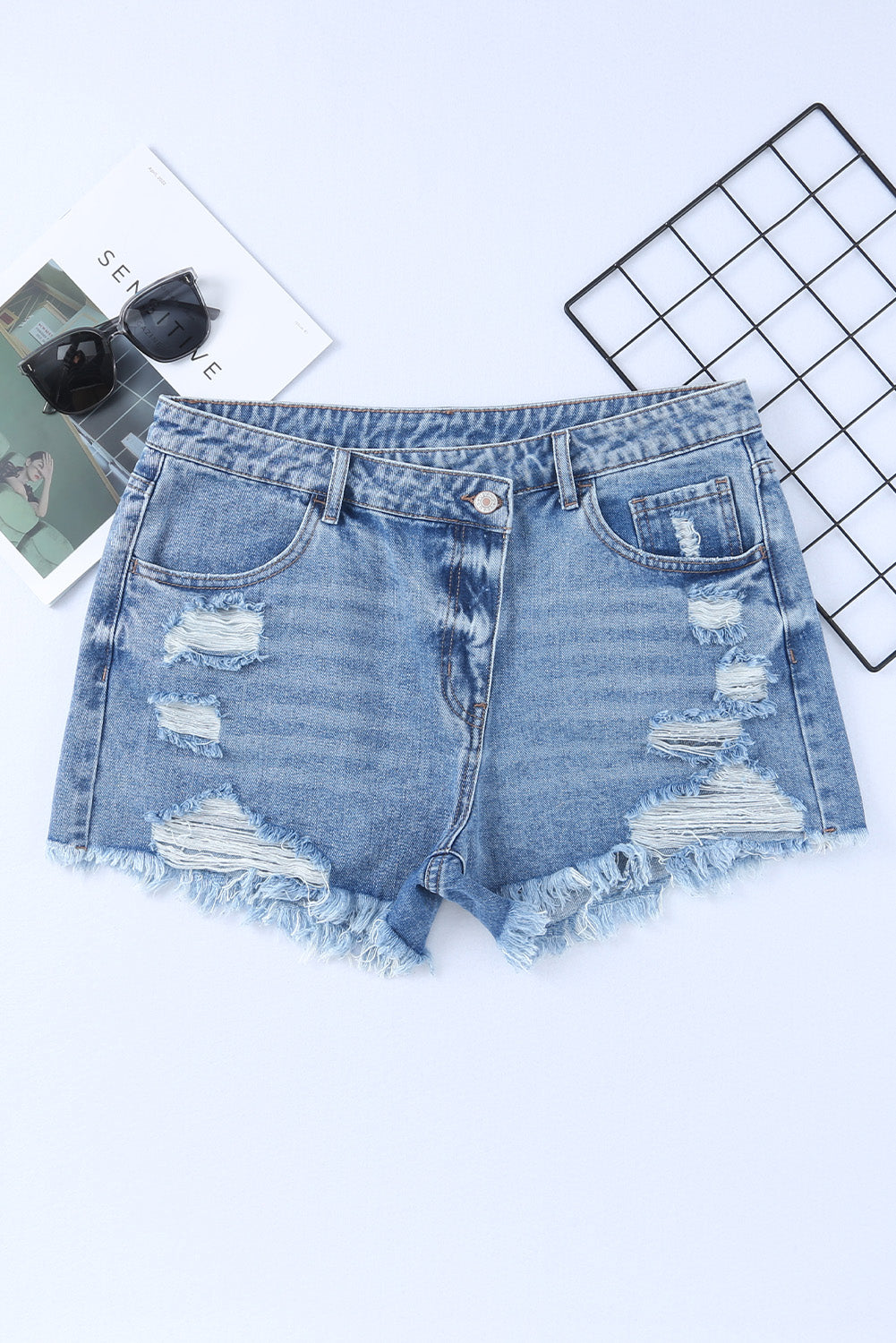 High Rise Crossover Waist Denim Shorts - Smart Shopper