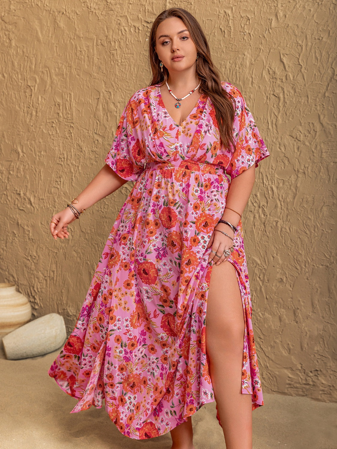 Plus Size Slit Floral V-Neck Half Sleeve Maxi Dress - Smart Shopper