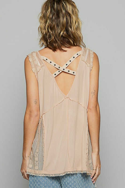 POL Lace Detail Studded Crisscross Back V-Neck Sleeveless Top - Smart Shopper