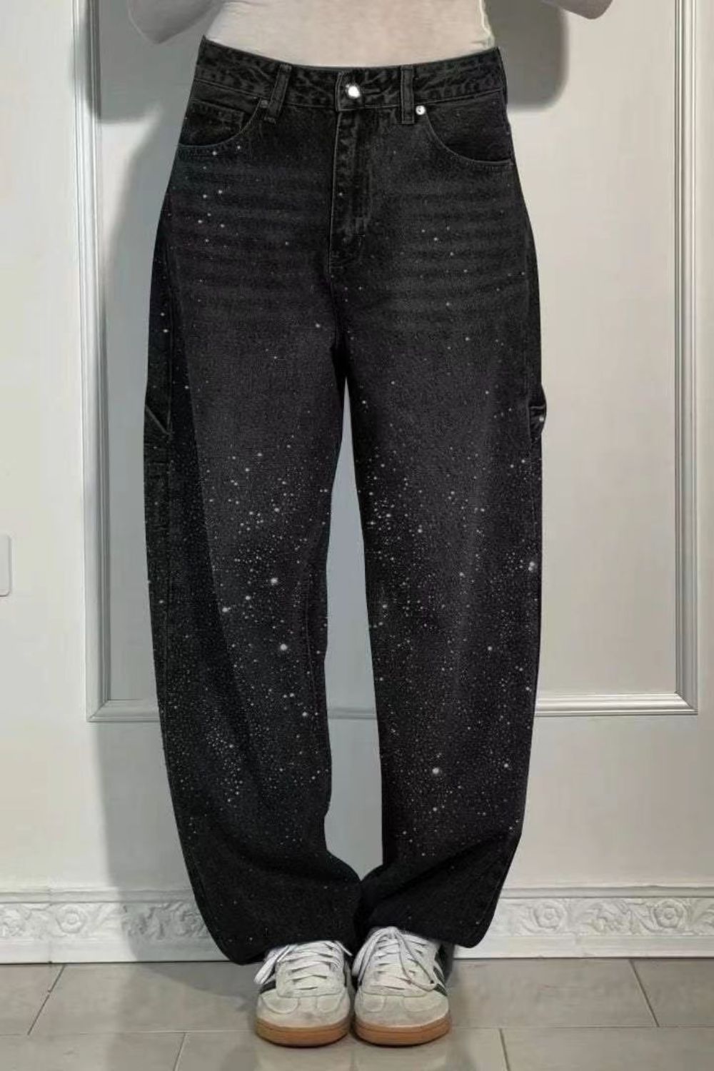 Full Size Washed Rhinestone Detail Wide leg Jeans Plus Size - Smart Shopper