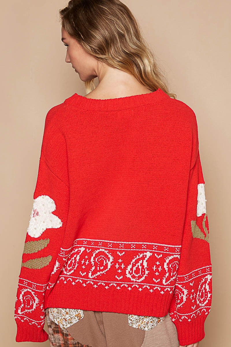 POL Flower Lace Patch Long Sleeve Sweater - Smart Shopper