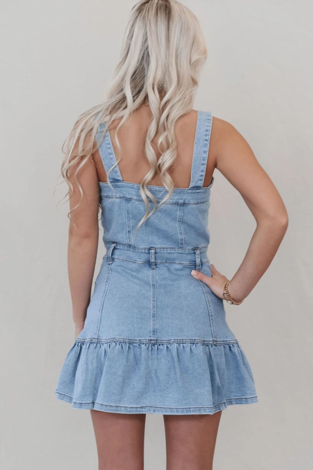 Ruffled Hem Button Front Square Neck Denim Dress - Smart Shopper