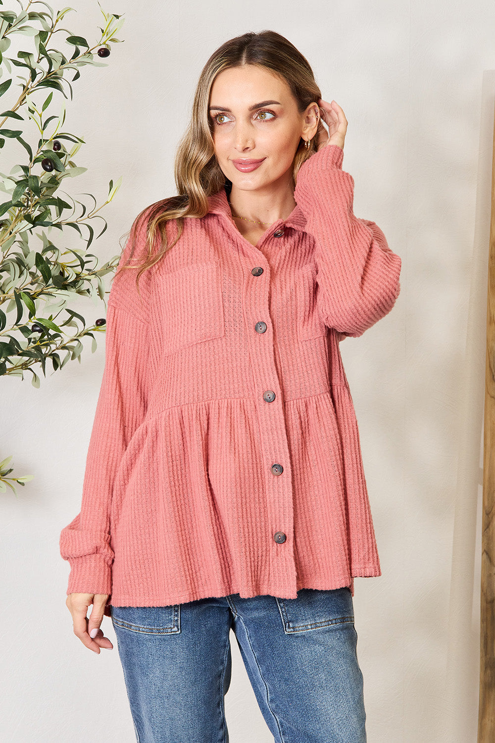 Heimish Full Size Waffle-Knit Button Down Blouse - Smart Shopper