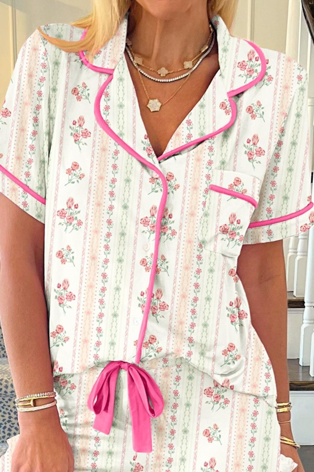 Printed Button Up Short Sleeve Top and Shorts Lounge Set - Smart Shopper