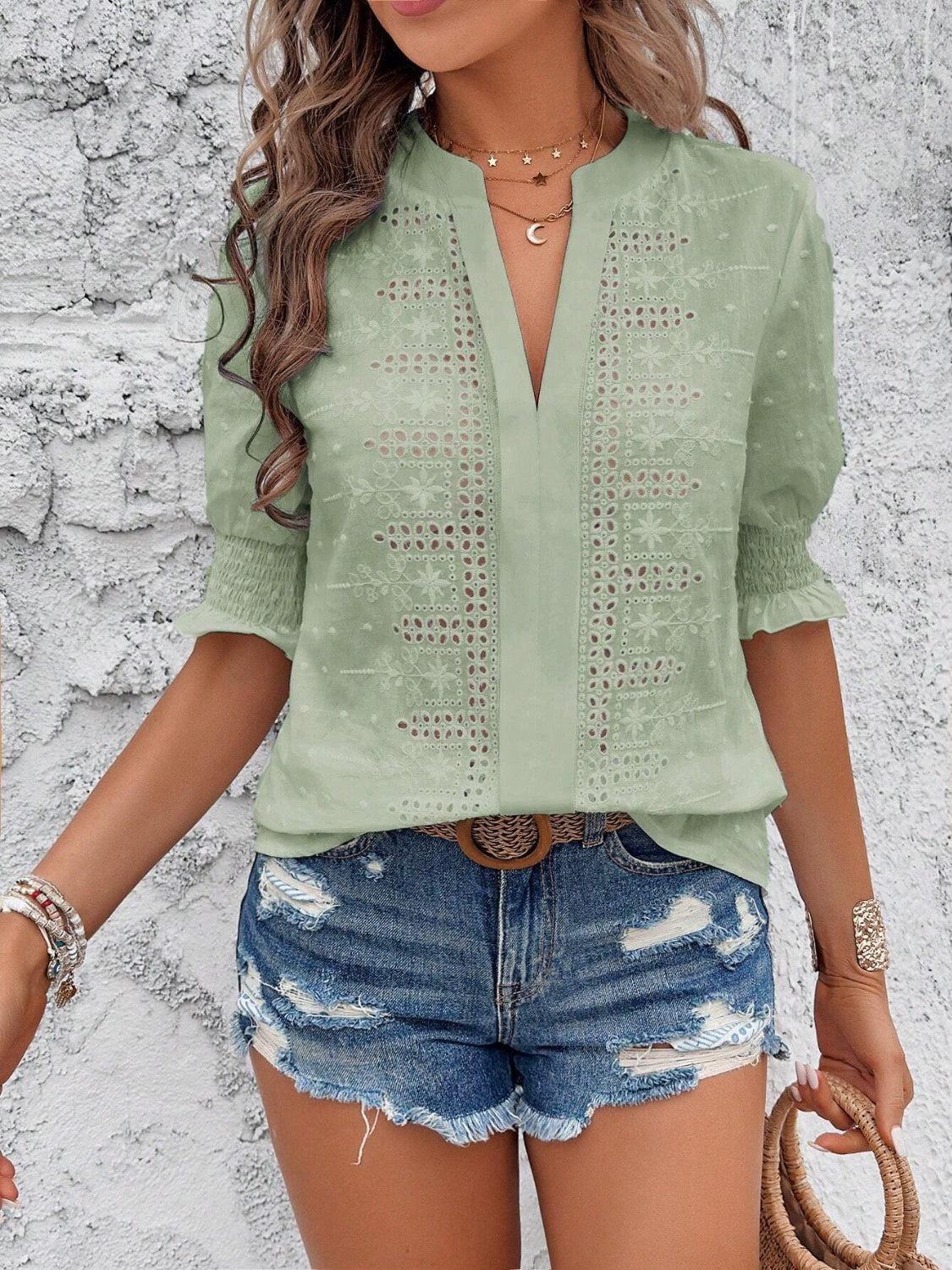 Eyelet Notched Flounce Sleeve Blouse - Smart Shopper