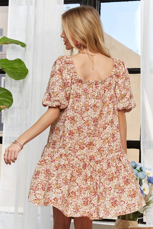 ADORA Floral Square Neck Puff Sleeve Dress - Smart Shopper