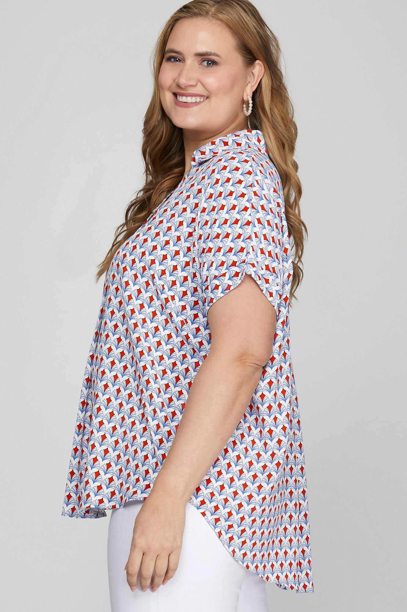 She + Sky Full Size Printed Johnny Collar Short Sleeve Blouse Plus Size - Smart Shopper