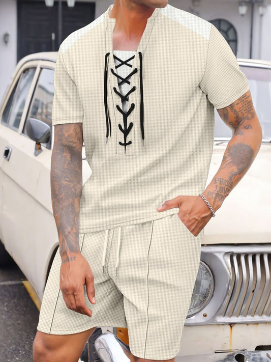 Men's Full Size Lace-Up Waffle Knit Top and Shorts Set Plus Size - Smart Shopper