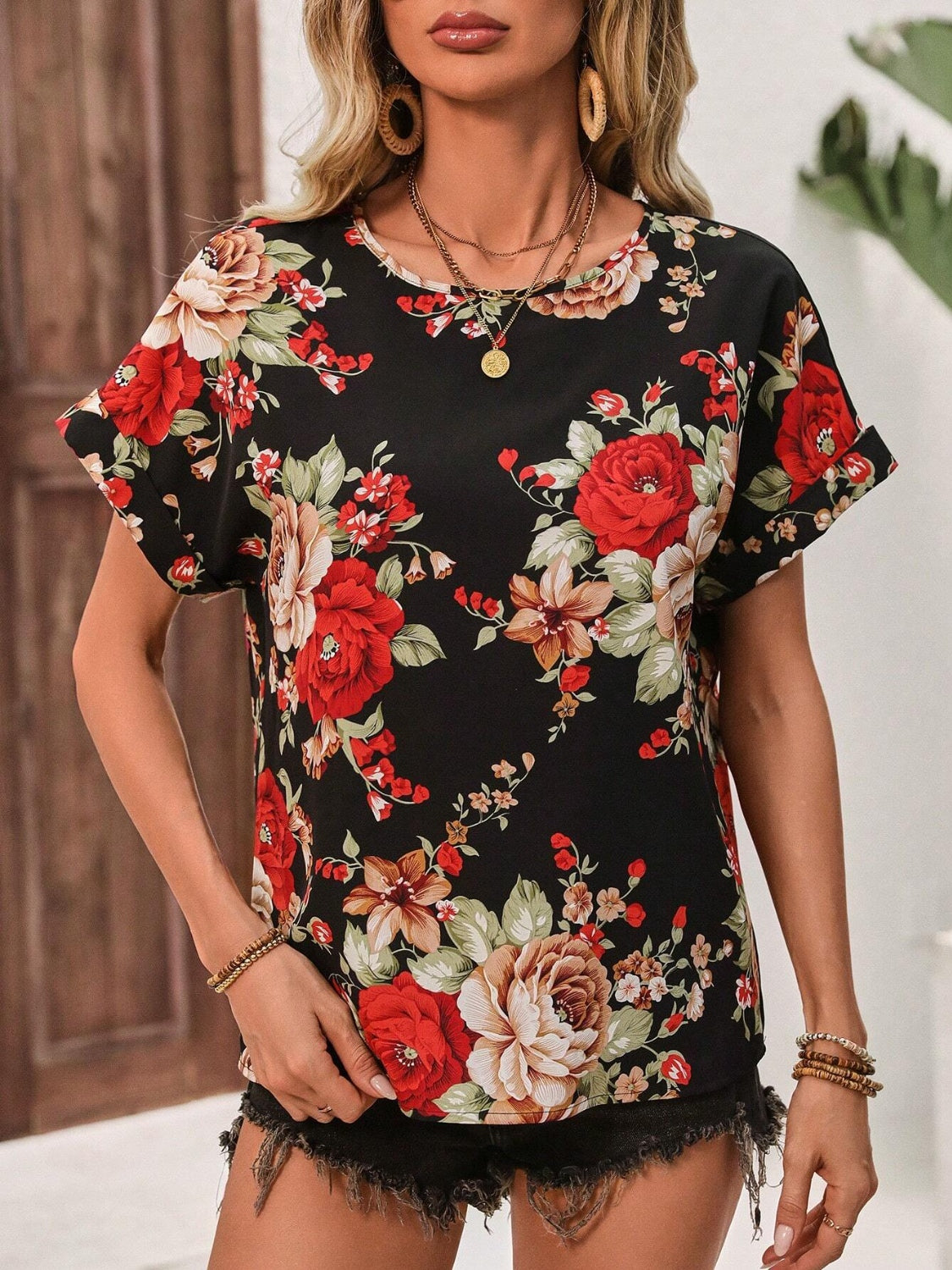 Contrast Round Neck Short Sleeve Blouse - Smart Shopper