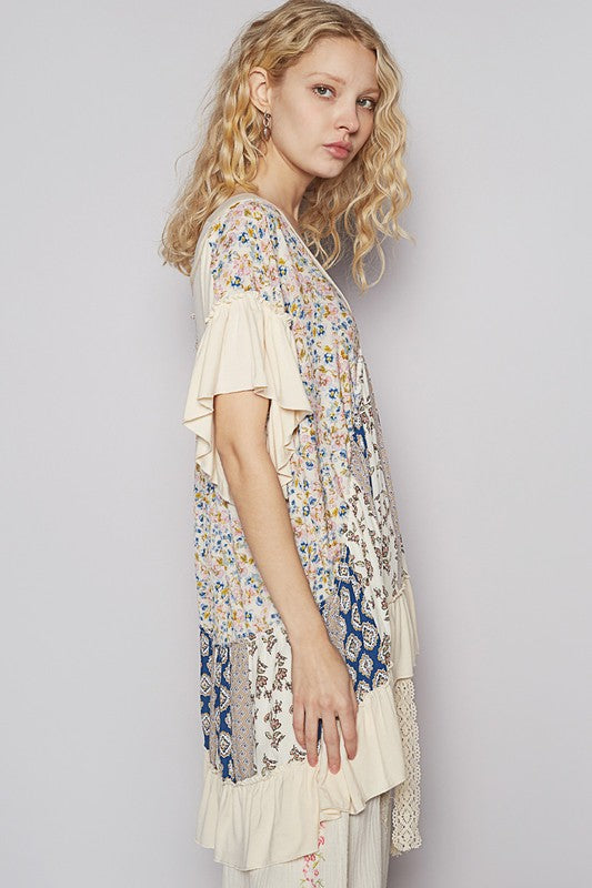 POL Ruffled Hem Printed V-Neck Short Sleeve Blouse - Smart Shopper