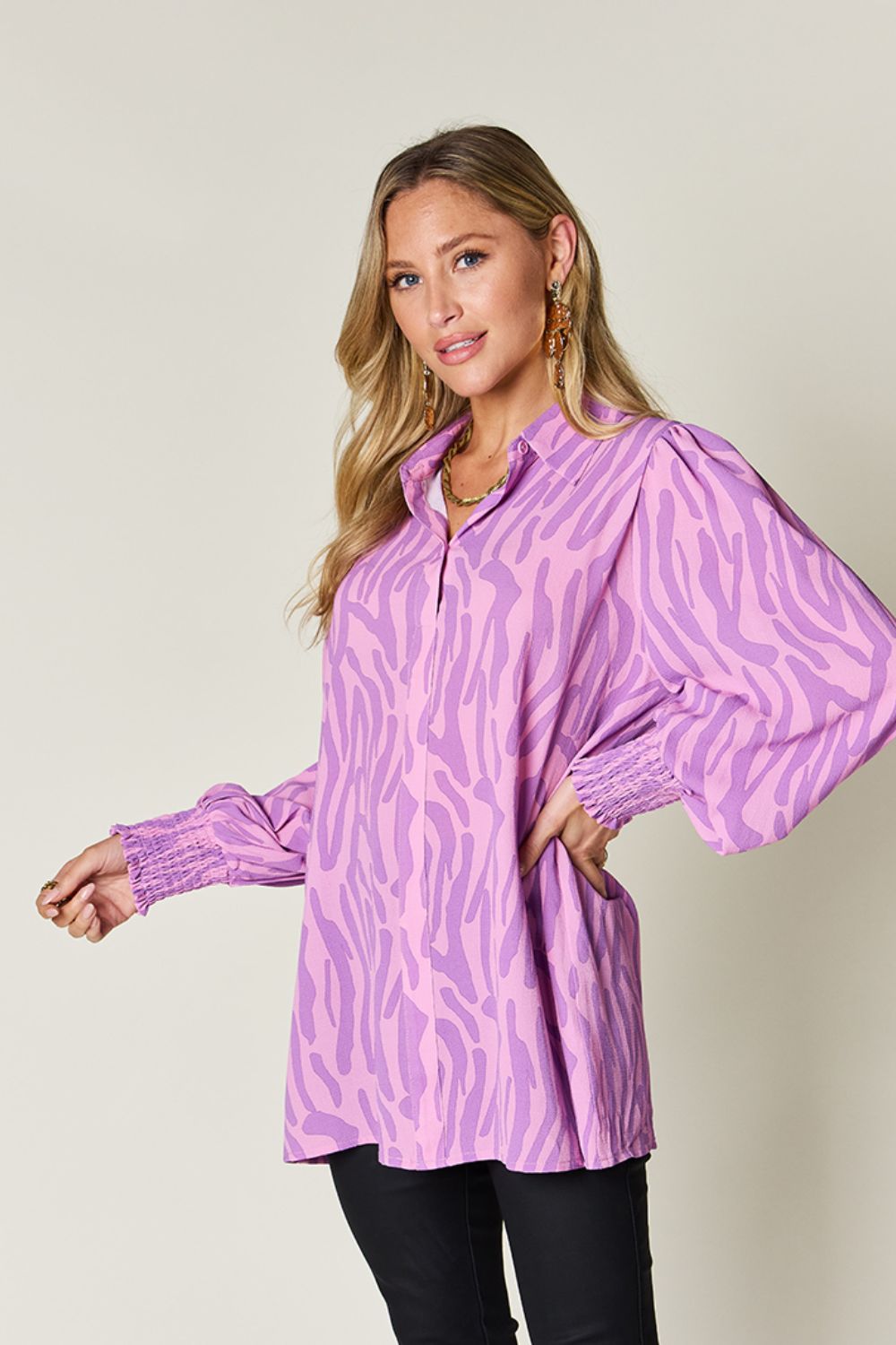 Double Take Full Size Printed Smocked Long Sleeve Blouse - Smart Shopper