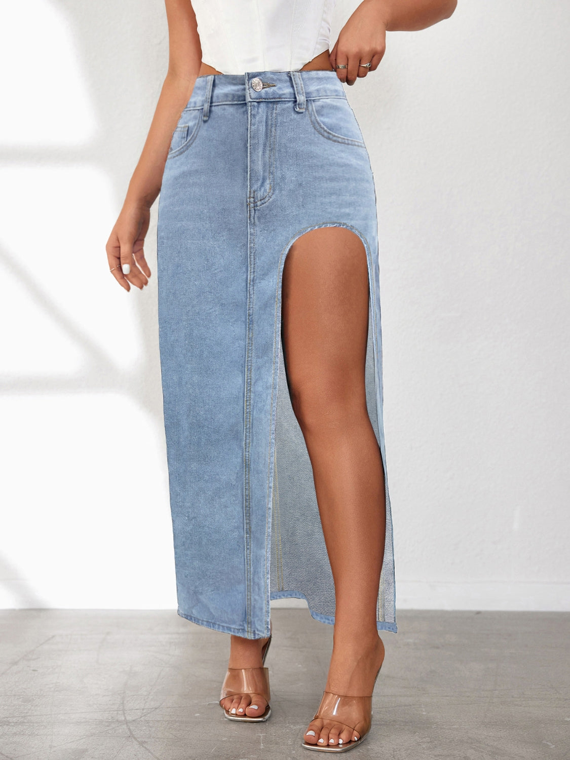 High Rise Slit Denim Skirt - Smart Shopper