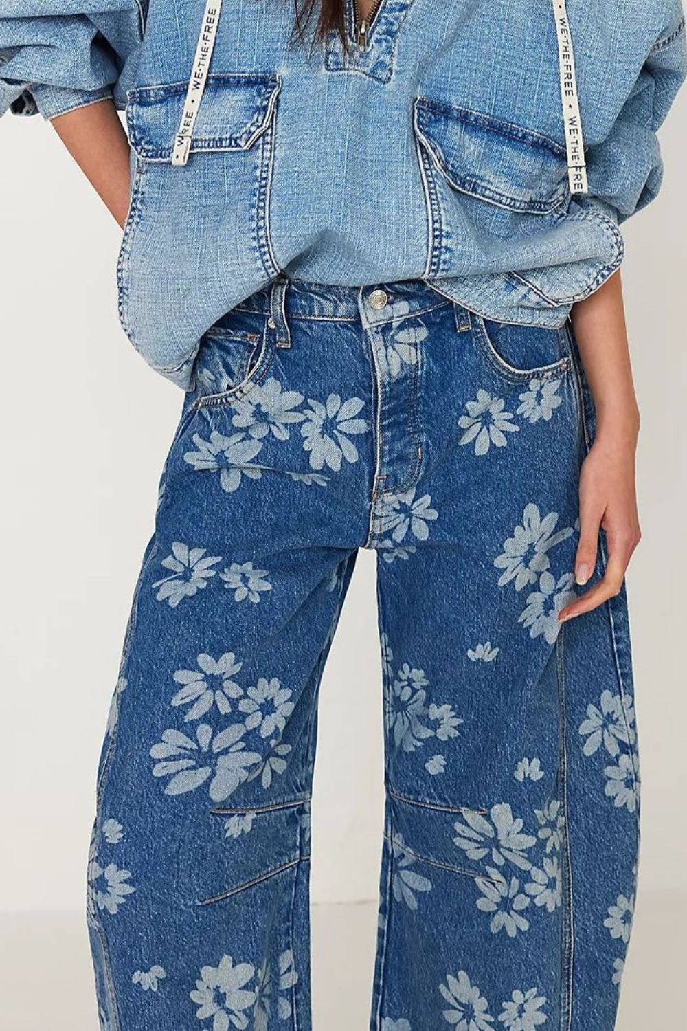 Flower Print Wide Leg Jeans - Smart Shopper