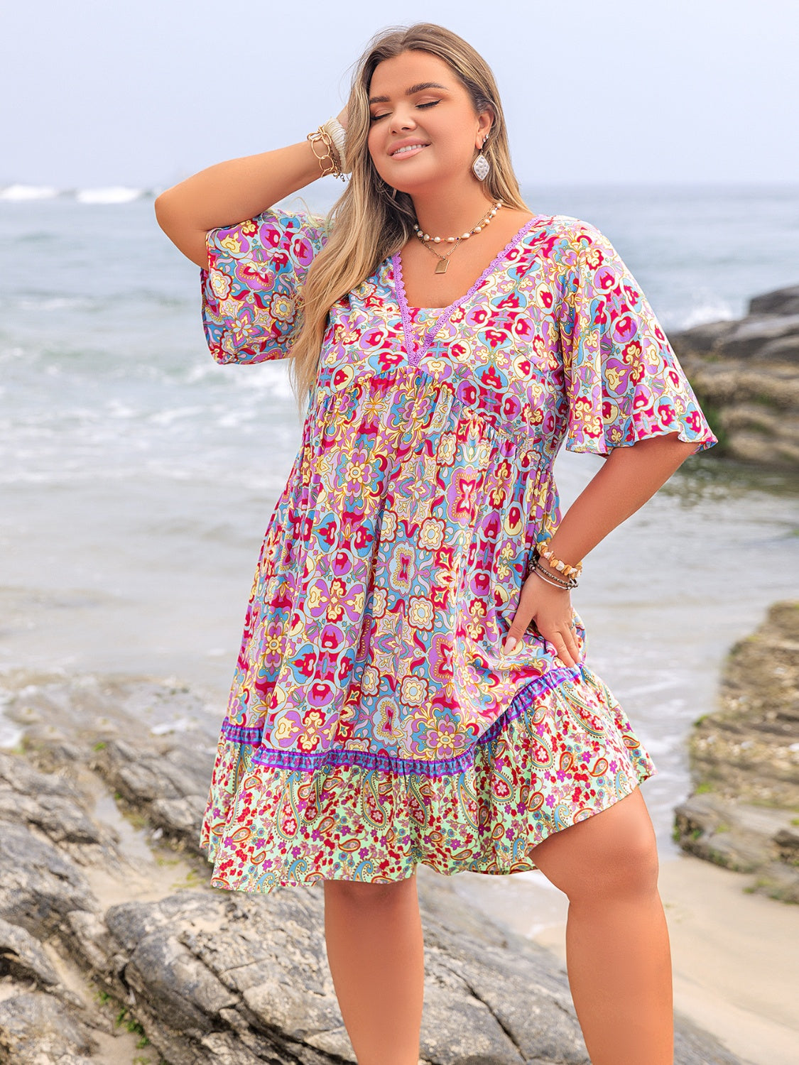 Plus Size Lace Detail Printed Half Sleeve Dress - Smart Shopper