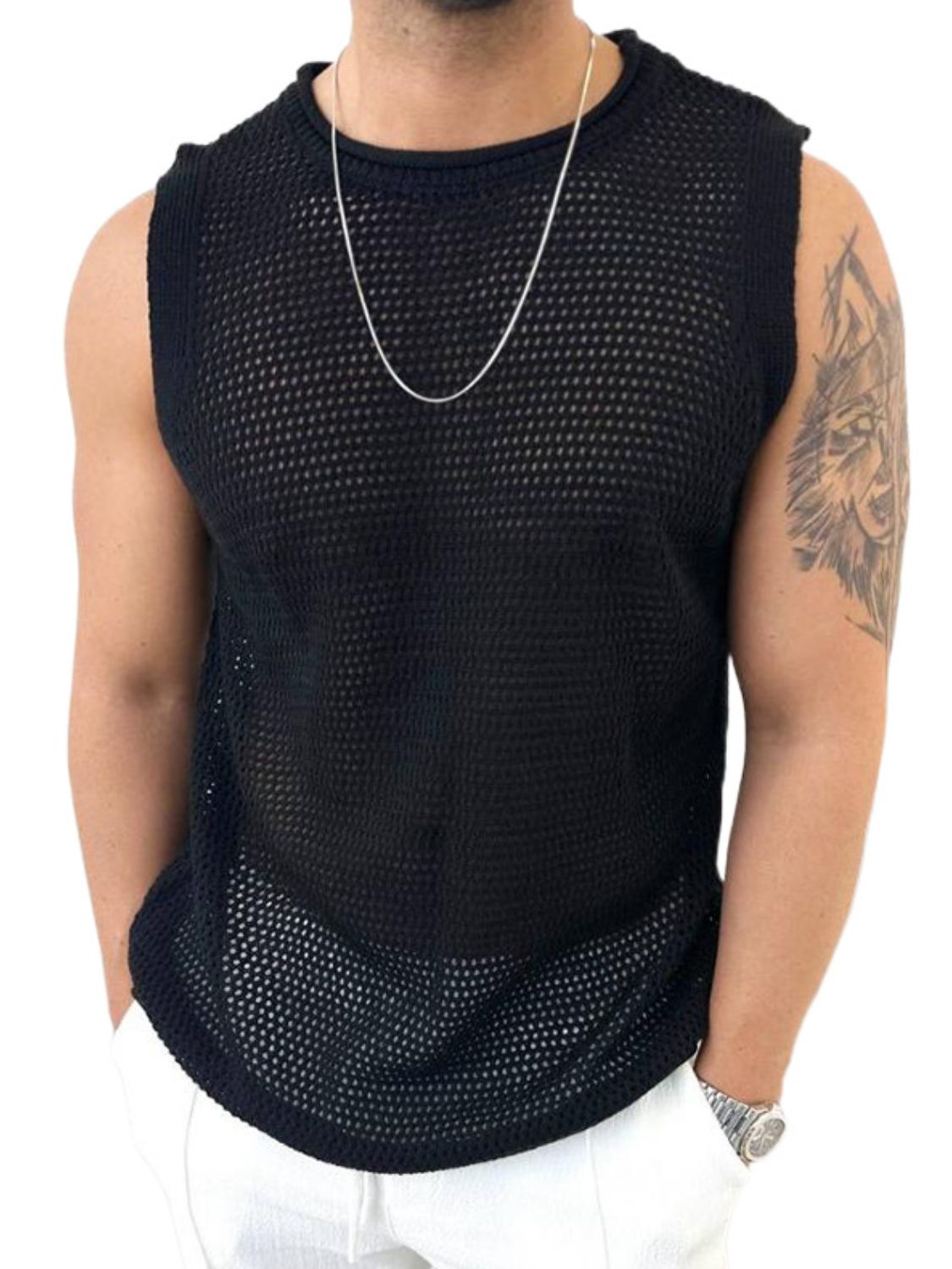 Men's Openwork Round Neck Sleeveless Knit Top - Smart Shopper